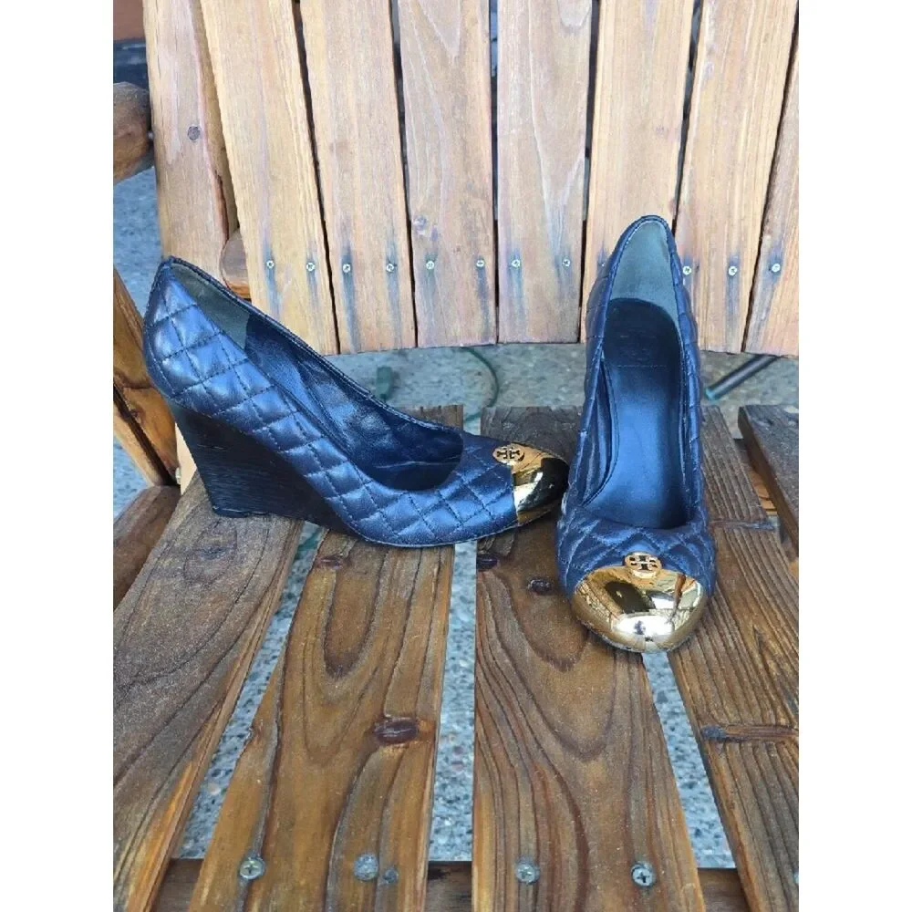 Tory Burch Quilted Navy Wedge Pumps with Gold Toe Cap Size 9.5